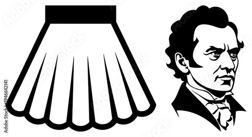 Black and white vector graphic of pleated skirt and stern faced historical male portrait, stylized art, fashion and historical.