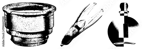 Classic mortar and pestle for grinding, feather quill pen, stylized perfume bottle, halftone texture, black and white vector illustration, isolated foreground elements.