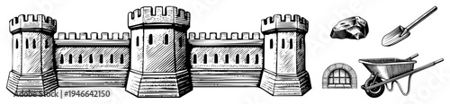 Stone fortress with crenellated towers, window, wheelbarrow, shovel, and rock, rendered in vintage sketch style, ideal for historical or design projects.