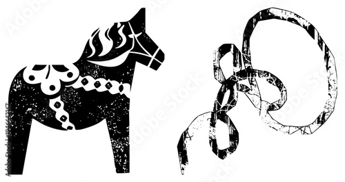 Folk art Dala horse silhouette with decorative, tied with rustic ribbon bow, Scandinavian cultural symbol, wooden toy design, black and white vector illustration.