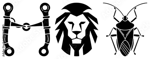Stylized vector featuring a horse bridle, majestic lion head, and detailed stink bug. Flat design symbols for branding, apps, or UI. Isolated, cutout, rgba.