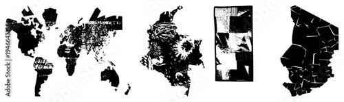 Broken continent silhouettes with dot matrix texture, global map, geographic puzzle pieces, cartography, stylized planet sections.