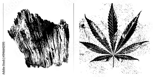 Grunge wood bark texture and leaf, vector graphic, isolated black shapes, rustic organic forms, halftone grain effect.