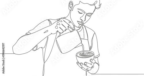 ​Minimalist continuous line art drawing of a professional barista pouring milk into a coffee cup to create latte art.