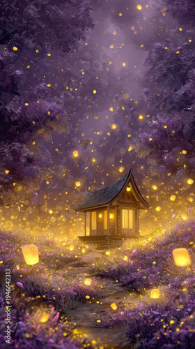 Wallpaper Mural Enchanted wooden hut nestled in a mystical purple forest at night, surrounded by glowing golden lanterns and magical fireflies, creating a fairy tale atmosphere with soft lighting and fantasy vibes Torontodigital.ca