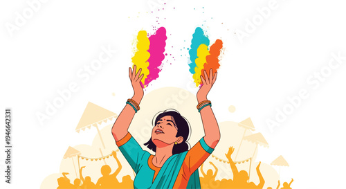 Woman celebrating happy Holi with colorful powders in the air, wearing traditional Indian clothing and jewelry, against a vibrant crowd background