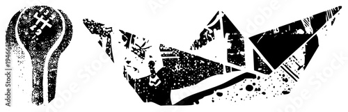 Stylized black and white graphic featuring a motif and fragmented angular forms, vector art with halftone texture, isolated design elements.