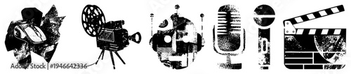 Retro movie gear symbols including clapperboard, camera, microphone, film reel, and mouse, rendered in distressed vector art for creative projects.