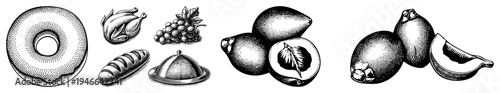 Vintage engraved style food including donut, chicken, grapes, bread, cloche,, figs, and banana, rendered in halftone dot.