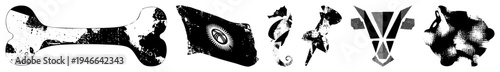 Grunge style bone, waving flag with eye symbol, seahorse, abstract V glyph, pig in halftone, isolated vector, graphic elements.