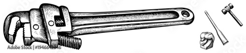 Classic pipe wrench illustration with hammer and chisel, black and white halftone engraving, mechanic’s toolkit, equipment, vintage tool graphic.