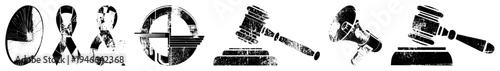 Broken circle, awareness ribbons, gavel, megaphone, legal, distressed textures, symbolic protest tools, flat vector graphics.