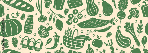 Seamless vector banner with linocut farmers market vegetables, fruits and organic products. Fresh food silhouettes on wide background for grocery store design. Healthy agricultural crops pattern