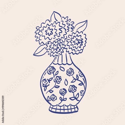 Quirky line art illustration of hydrangeas bouquet in porcelain vase with floral ornament. Hand-drawn sketch of abstract summer flowers. Vector graphic