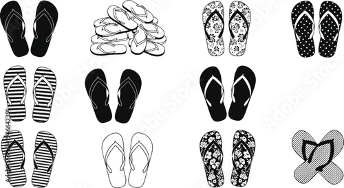 flip flop sandal pattern collection, summer beach footwear illustration set, tropical slipper silhouettes, vacation sandal background, casual footwear design