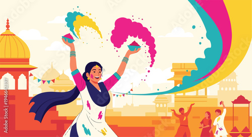 Woman celebrating happy Holi with colorful powders in a vibrant cityscape with a joyful atmosphere