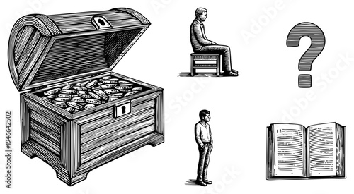 Wooden chest overflowing with gold coins, two men in profile one seated, one standing, open book, question mark symbol, vintage illustration style.