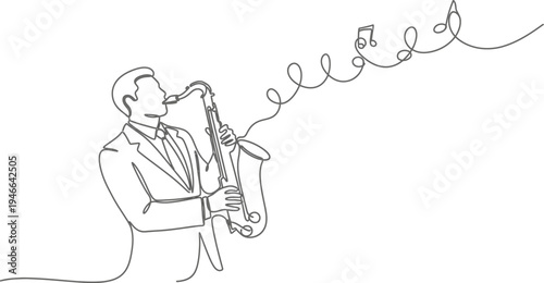 A minimalist one-line art illustration of a man playing the saxophone. The design features a continuous line forming the silhouette of a jazz musician in a suit, with flowing musical notes and swirls 