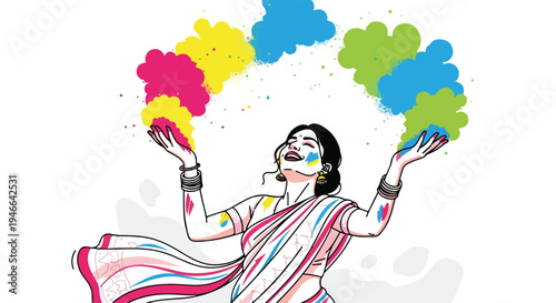 A joyful woman celebrating Holi throws colorful powders in the air with a happy expression on her face, wearing a vibrant sari against a clean white background with bright, festive colors
