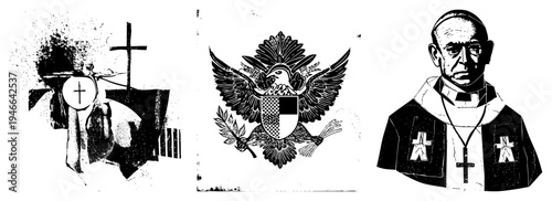 Black and white halftone illustration of clergyman, eagle, and communion elements, sacred symbols, religious art, spiritual.