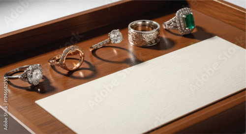 An assortment of elegant rings displayed in a wooden box with a blank white card.