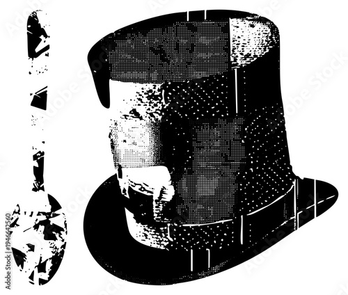 Classic top hat with textured halftone shading, vintage spatula beside, retro graphic design, vector illustration, fashion accessory, culinary tool.