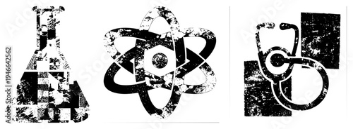 Laboratory flask, atomic symbol, stethoscope with grunge texture, vector graphic, scientific and medical themes, black and white.