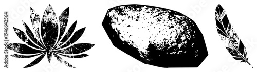 Stylized lotus flower, textured stone, feather, distressed vector art, black and white graphic, retro aesthetic, isolated symbols.