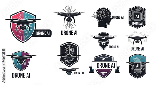 Collection of Drone AI Logos with Futuristic and Technological Designs.