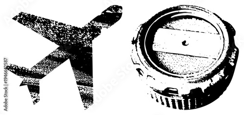 Stylized airplane and bottle cap with gritty halftone texture, vector graphic, isolated elements, design assets, urban aesthetic.