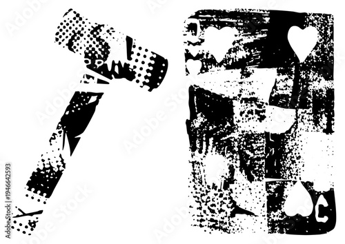Grunge style halftone and card deck with, distressed vector art, graphic design element, black and white, gritty texture.
