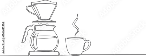​A clean and minimalistic line art illustration of a pour-over coffee maker set, featuring a glass carafe with a dripper on top and a steaming cup of coffee beside it. The design uses smooth, elegant 