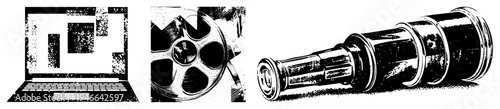 Retro film reel, laptop with glitch screen, vintage telescope, halftone art, graphic design elements, tech nostalgia, cinema equipment, isolated vector.