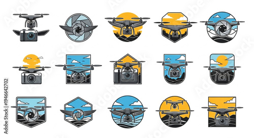 Collection of Drone-Themed Graphic Designs with Varied Artistic Styles.