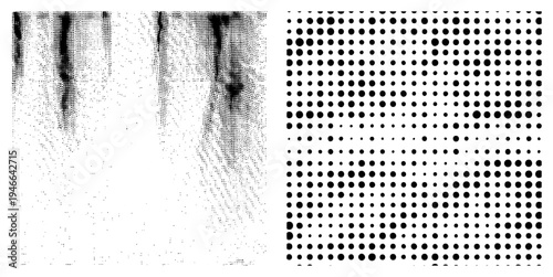 Black halftone dots forming gradient fade and uniform grid, vector graphic, print design element, typography background, screen printing texture, digital art.