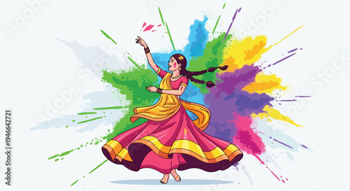 Woman in traditional Indian attire celebrating happy Holi with colorful powder splashes in the background