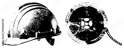 Retro safety helmet and film reel with halftone grain, construction gear, cinematic equipment, classic tools, black and white vector art, industrial.