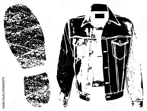 Classic denim jacket with button closure and chest pocket, paired with gritty textured footprints, urban streetwear, punk fashion element, high contrast silhouette.