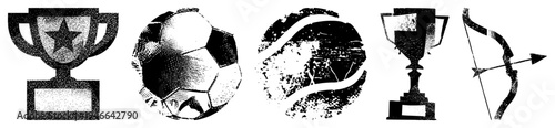 Classic sports symbols including trophy, soccer ball, tennis ball, and bow & arrow, rendered in halftone dot, ideal for retro or athletic branding.