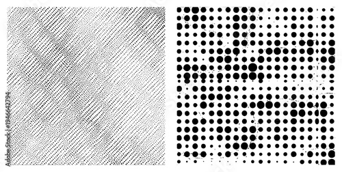Vector halftone with diagonal gradient and scattered grid, ideal for graphic design, print, or digital art backgrounds. Also known as stipple texture or dot matrix.
