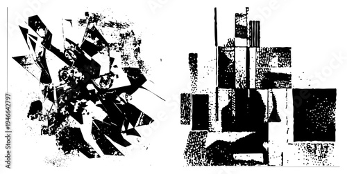 Dynamic black and white vector art with shattered shapes, halftone textures, and sharp angles, ideal for graphic design or digital.