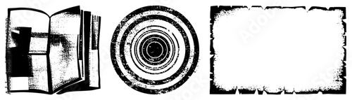 Open book with halftone texture, concentric target bullseye, distressed frame border all vector elements for graphic design.