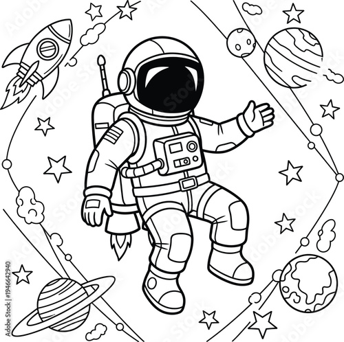 Astronaut in space with planets and stars