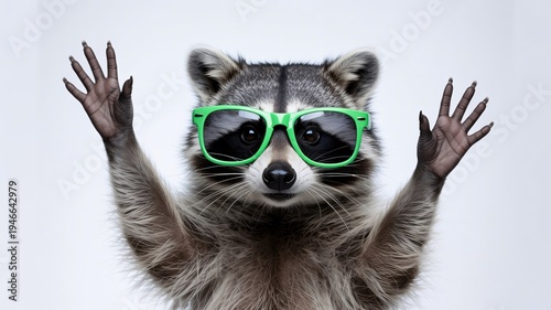 Raccoon wearing bright green novelty glasses raises both front paws up in a surrender or greeting.