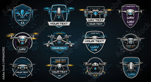Collection of drone emblems and badges with futuristic design elements.