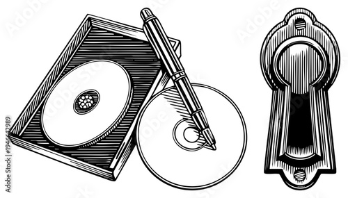 Classic keyhole lock with ornate design, CD ROM disc in open case, fountain pen resting on disc, engraved vector illustration, digital access and security concept.