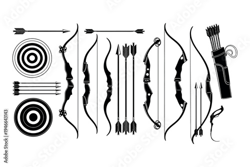 Archery equipment illustration featuring bows arrows and targets