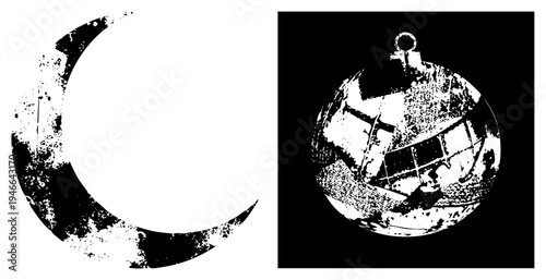 Distressed black moon and satellite globe, halftone texture, vector graphic, isolated elements, space design, sci fi aesthetic.