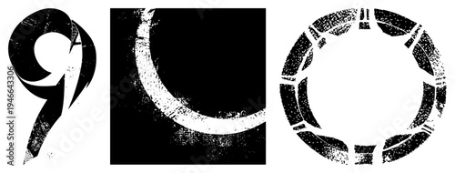 Graphic design featuring stylized numeral nine, moon shape, fragmented ring, distressed texture, vector art, isolated symbols.