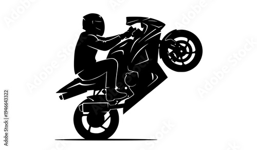 A black silhouette of a motorcyclist performing a wheelie on a motorcycle